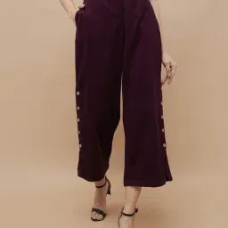 Colour Me by Melange Maroon Cotton Plain Cropped Pants-image-20