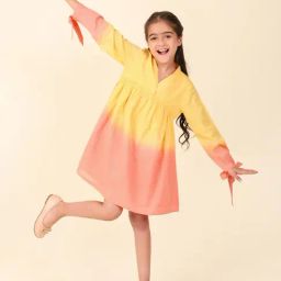 Fabindia Kids Yellow & Coral Printed Full Sleeves Dress-picture-6