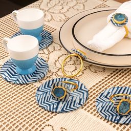 LOOMSARTE 8Pcs Blue & White Printed Napkin Rings With Coasters-33