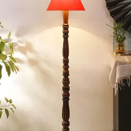 Devansh Orange & Brown Cotton Conical Wooden Floor Lamp-image-99