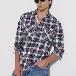 SHOWOFF Cotton Comfort Slim Fit Tartan Checks Checked Casual Shirt-image-88