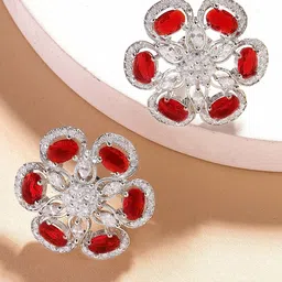 KARATCART Silver Plated American Diamond Floral Studs-36