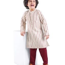 Babyhug Full Sleeve Self Embroidered Ith Sequenced Kurta With Pyjama Set - White & Maroon.-image-10