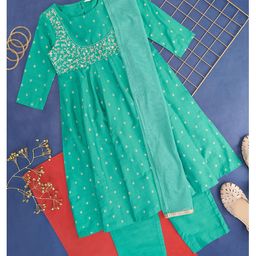 Akkriti by Pantaloons Full Sleeves Floral Embroidered & Foil Printed  Kurta Churidar Dupatta Set - Turquoise Green-picture-13