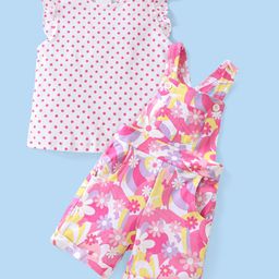 Babyhug 100% Cotton Single Jersey Knit Dungaree With Sleeveless Inner T-Shirt With Floral Print - Pink & White-image-58