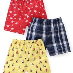 Babyhug Cotton Woven Regular Boxers Stars & Boats Print Pack of 3 - Blue Yellow & Red-picture-14