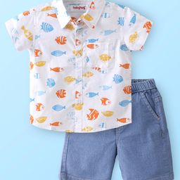 Babyhug Cotton Woven Half Sleeves Shirt & Denim Shorts Set With Aquatic Animal Print -White & Blue-image-60