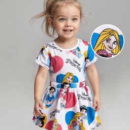 Babyhug Disney Cotton Interlock Half Sleeves Frock With Disney Princess Print - White-picture-26