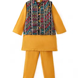 Babyhug Woven Full Sleeves Solid Colour Kurta Pyjama Set with Sequined Embroidered Nehru  Jacket - Mustard-picture-26