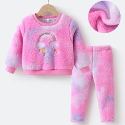 Kookie Kids Full Sleeves Tie & Dye T-Shirt & Lounge Pants Winter Wear Set With Heart & Rainbow Embroidery - Pink-image-6