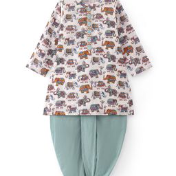 Babyhug Cotton Woven Full Sleeves Kurta Dhoti Set with Elephant Print - White-image-84