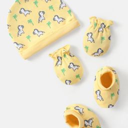 Babyhug 100% Cotton Knit Zebra Printed  Cap Mittens & Booties Set - Yellow-picture-22