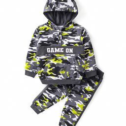 Babyhug Cotton Knit Full Sleeves Hooded T-Shirt With Kangaroo Pockets & Lounge Pants Set Camouflage Print - Multicolor-image-45