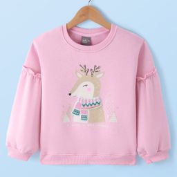 Little Kangaroos Knit Drop Shoulder Full Sleeves Sweatshirt with Reindeer Design -  Pink-picture-31