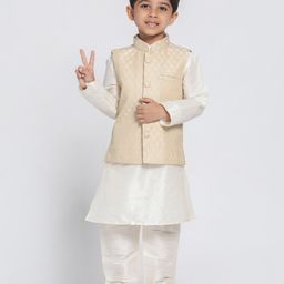 JBN Creation Silk Blend Full Sleeves Solid Kurta Pyjama With Motif Embroidered Nehru Jacket Set - Cream-image-29