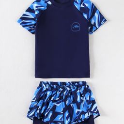 Pine Active Half Sleeves Two Piece Swimsuit With Whale Print - Blue-image-39