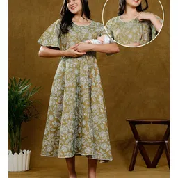 Dummy Shape Half Bell Sleeves Floral Printed Maternity Kurta With Nursing Access - Olive Green-picture-41