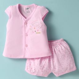 Zero Sinker Knit Front Open Half Sleeves Shorts Night Suit With Floral & Sea Life Print - Pink-image-57