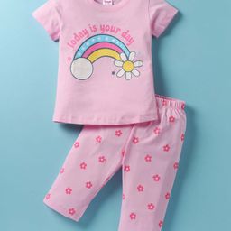 Tango Single Jersey Knit Half Sleeves Night Suit Set with Rainbow & Floral Print - Pink-image-31
