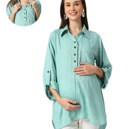Mom for sure by Ketki Dalal Rayon Woven Three Fourth Sleeves Solid Maternity Top With Front Open Nursing Access - Sea Green-image-62