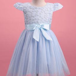 Mark & Mia Woven Cap Sleeves Party Dress With Floral Embroidery & Bow Applique - Light Blue-image-27