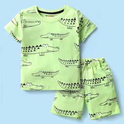 Kookie Kids Single Jersey Knit Half Sleeves Co-Ord Shorts Night Suit With Crocodile Print - Lime Green-image-83