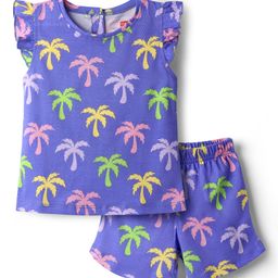 Babyhug Cotton Knit Frill Sleeves Co-ords Shorts Night Suit With Tropical Theme Print - Violet-picture-45
