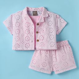 Little Kangaroos Cotton Woven Half Sleeves Front Open Top & Shorts Co-Ord Set With Schiffli Design & Inner Tee - Pink-image-81