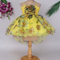 TINY MINY MEE Organza Elastane Woven Sleeveless Floral Printed & Applique Detailed High Low Dress - Yellow-image-2