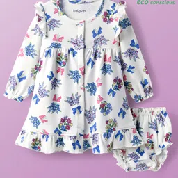 Babyoye 100% Cotton Knit With Eco Jiva Finish Full Sleeves Front Open Frock With Floral Print & Bloomer - White-picture-1