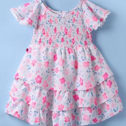 Dew Drops Net Woven Frill Sleeves Frock with Smock Detailing & Floral Print - Pink-image-102