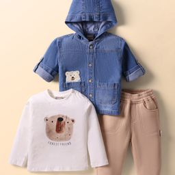 Little Kangaroos Cotton Woven Winter Full Sleeves Wear Suits With Hooded Jacket & Teddy Print - Blue Beige & Brown-image-90
