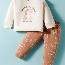 ToffyHouse Knitted Full Sleeves Night Suit With Bear Print - Off White-picture-27