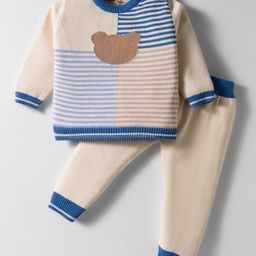 ToffyHouse Cotton Knit Full Sleeves Winter Wear T-Shirt & Lounge Pant Set With Teddy Bear Patch - Beige-picture-36
