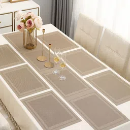 HOKIPO Beige 7-Pieces Textured Rectangular Table Placemats & Table Runner-3