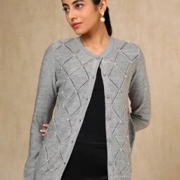 Soch Grey Acrylic Regular Fit Woven Design Shrug-42