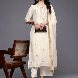 Varanga Off White Striped Regular Thread Work Kurta With Trouser With Dupatta-picture-4