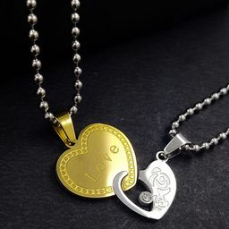 Saizen Unisex Set Of 2 Stainless Steel Silver-Plated Heart Shaped Pendants With Chains-image-95