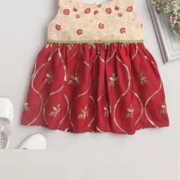 Many Frocks Kids Beige & Maroon Embroidered Dress-image-85
