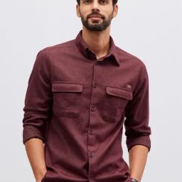 Andamen Burgundy Cotton Slim Solid Overshirt-image-17