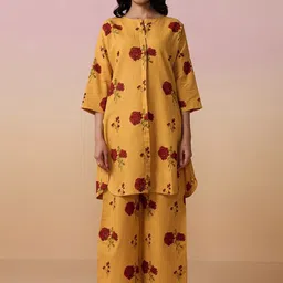 Dressfolk Mustard Linen-Cotton Tunic Set With Floral Hand-Block Print Cord-Set-picture-20