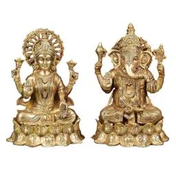 Ekaa Handicrafts 9" Lakshmi Ganesh Statue on Lotus in Brass-picture-36