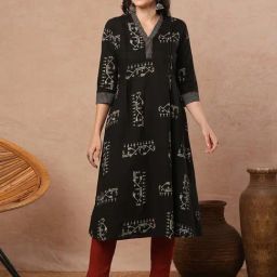 Kami Kubi Black Cotton Abstract Kurti-image-6