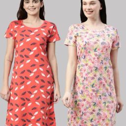 Kryptic Orange & Pink Cotton Printed Night Dress (Pack Of 2)-image-45