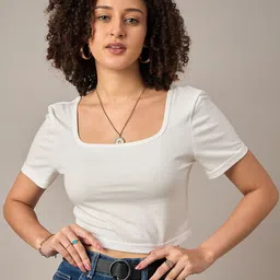 R.Code by The Roadster Life Co. Short Sleeves Scoop Neck Cotton Crop T-shirt-image-79
