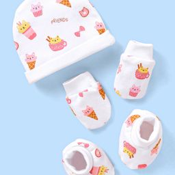 Babyhug 100% Cotton Cap Mittens & Booties Ice Cream Print White - Cap Diameter 11 cm-image-65