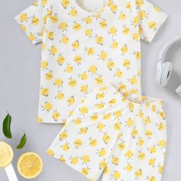 Funkrafts Half Sleeves Lemon Print Night Suit Shorts Set - Off White & Yellow-image-90