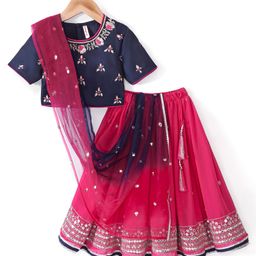 Babyhug Cotton Three Fourth Sleeve Choli With Abla Work Lehenga And Dupatta - Fuschia & Navy Blue-image-55