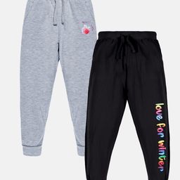 Kiddopanti Pack Of 2 Typography & Fruit Printed Track Pants - Grey Melange & Black-picture-18