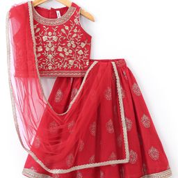 Babyhug Sleeveless Embroidered Choli with Foil Printed Lehenga and Dupatta Set - Red-image-49